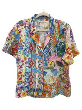 Johnny Was Workshop Linen Boho Button-Down Shirt L Floral Tropical Patchwork